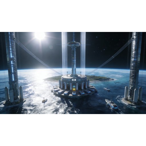 三座太空电梯矗立岛上